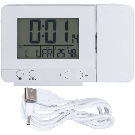 Réveil à Projection, Radio-réveil Numérique avec Projecteur Plafond Rotatif à 180° avec Station Météo, Thermomètre sans Fil, Répétition D'alarme Double, Chargeur Téléphone USB, 4 Modes Lumino