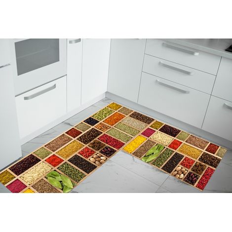 Set di 2 tappeti da cucina antiscivolo e lavabili in lavatrice passatoia multiuso Riquadri Spezie - 50x60+50x120 (1/2)