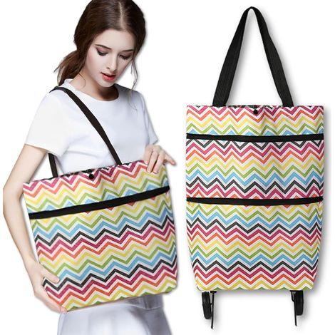 Chariot à Provisions, Caddie de Courses Portable, Courses Pliable en Tissu Oxford, Sac de Courses Réutilisable, Sac à Provisions avec roulettes, Vert Et Respectueux(Bandes de Vagues)
