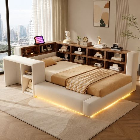 Lit rembourré 90 x 200 cm beige avec rangements, LED, prises intégrées et table latérale OKWISH (1/5)