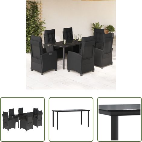Gartentisch - 7-tlg. Garten-Essgruppe mit Kissen Schwarz Poly Rattan (1/5)
