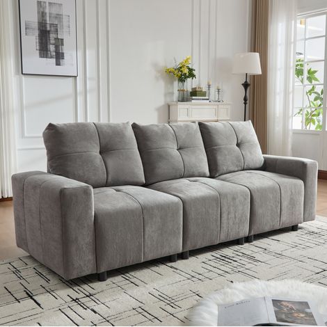 Divano 3 posti in chenille grigio 213x94x84 cm, schienale regolabile, funzione letto e seduta profonda fino a 68 cm (1/5)
