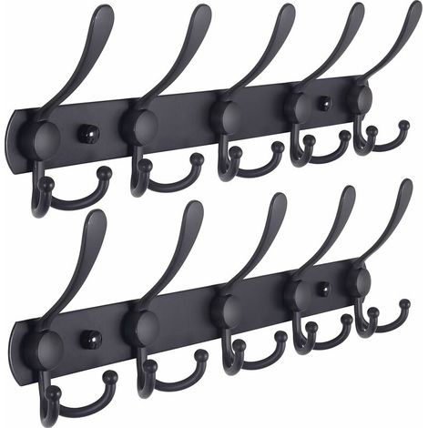 Wall Mounted Cloakroom - 5 Three Hooks, Heavy Duty Stainless Steel, Metal Coat Rack for Cloakroom Towel Rack Robes Cloakroom Bathroom Entrance (Black, 2 Pack) (1/5)