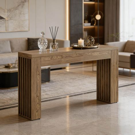 Console 150x30x80 cm en panneaux de bois marron, gain de place pour entrée et salon FloraGrace (1/5)