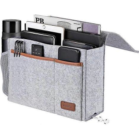 Sac de rangement en feutre - Grand sac de chevet avec 3 poches pour télécommandes, livres, lunettes, stylos et porte-bouteille (1/3)