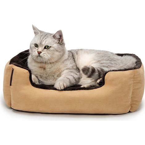 lionto Katzenbett, weiches Kuschelbett mit herausnehmbarem Wendekissen & Anti-Rutsch-Boden, pflegeleicht & modern, 50x37 cm, beige/braun (1/5)