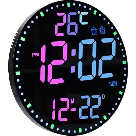 Horloge Murale numérique de 29,5 cm, Horloge Radio pilotée avec lumière RGB colorée, avec Date/Jour/luminosité Automatique/température/humiditétemp/minuterie/2 alarme (1/5)