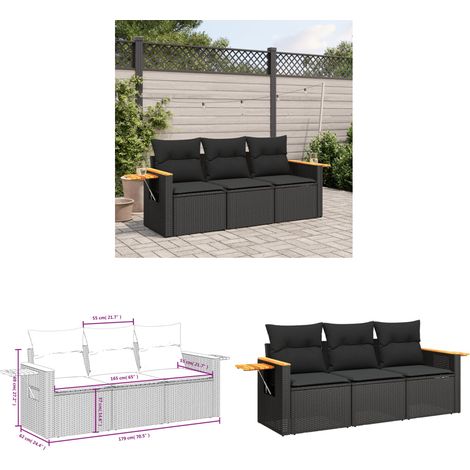 Salon de jardin 3 pcs avec coussins noir résine tressée - Ensemble Salon De Jardin - Meuble Extérieur - Résine Tressée - Rotin Synthétique - Canapé D'extérieur - Home & Living (1/3)