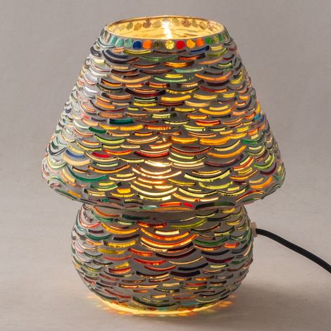 Lampada da tavolo in stile fungo con design a mosaico multicolore