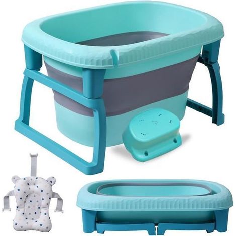 Grande vasca pieghevole ultra compatta kikido, vasca per bambini in plastica con tappo di drenaggio, piedi pieghevoli - blu