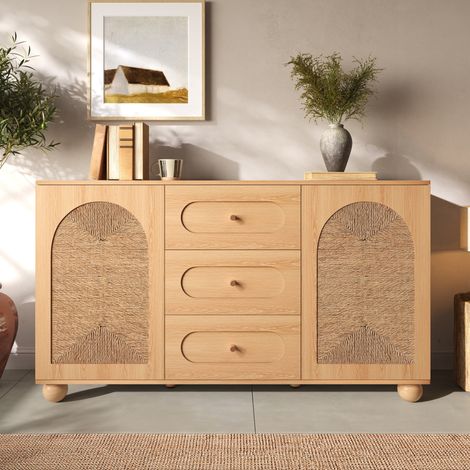 Credenza madia mobile soggiorno 140x40x80 cm - mobiletto buffet con 2 ante in corda intrecciata e 3 cassetti per ingresso e pranzo - mdf piedi a sfera in pino - naturale (1/5)