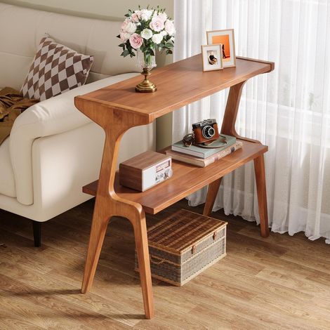 Tribesigns Table haute et étroite en bois massif avec étagère de rangement à 2 niveaux pour salon, moderne (1/5)