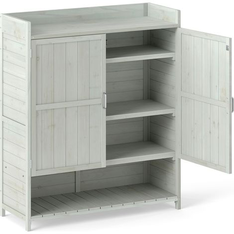 Table de rempotage grise en bois d'épicéa avec meuble bas, étagères amovibles et plan de travail pour jardin, terrasse et cour (1/2)