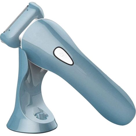 Rasoir électrique pour femme, utilisable sur peau sèche ou humide, avec lames 3 en 1, lumière LED pour le maillot, bleu, et une base de chargement. (1/5)