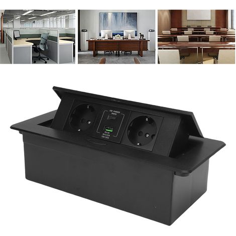 Prise européenne standard noire à deux trous avec ports USB et Type-C, charge rapide 20 W, USB Type-C, prise de bureau escamotable cachée, 250 V. (1/5)