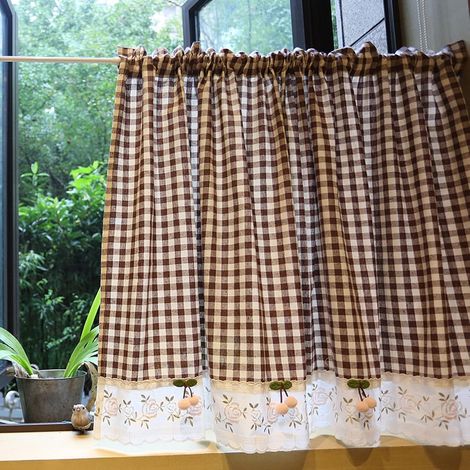 Cortina corta para ventana, cuadros vichy marrones con cereza rosa rural, opaca, cortina tipo café, cortinas de discos, cenefas (1/5)