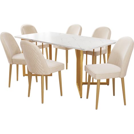 CHICFURN Juego de 6 sillas de comedor de terciopelo beige con patas de metal dorado (1/5)
