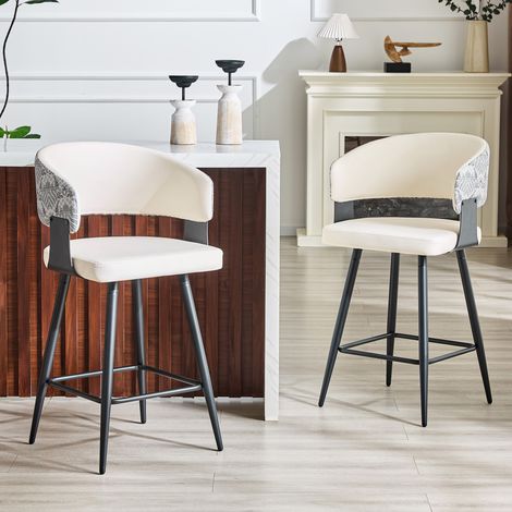Sgabello da bar con schienale curvo e poggiapiedi, seduta ergonomica, metallo e PU bianco (1/5)