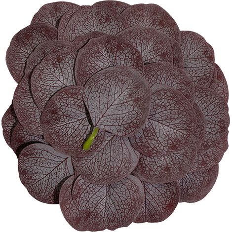 Un paquet de 50 feuilles d'eucalyptus artificielles de couleur pourpre raisin, comprenant des branches vertes et des feuilles d'eucalyptus rondes et décoratives. (1/2)