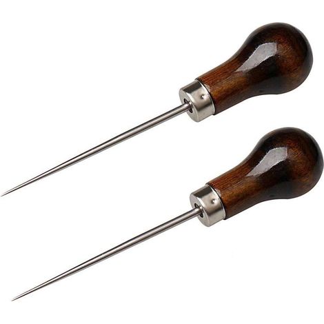 Alènes Manche Bois, Poinçon Cuir Outil de Couture avec Poignee pour Travail du Cuir (2 pcs) (1/5)
