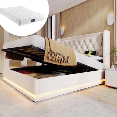 Cama doble 140x200 cm beige de algodón con almacenaje hidráulico, colchón, LED y puertos USB-C (1/5)