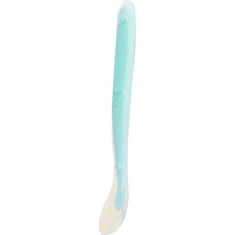 Cuillère en silicone bébé ergonomique douce pour gencives, idéale pour l'alimentation des nourrissons dès 4 mois, bleu clair. (1/5)
