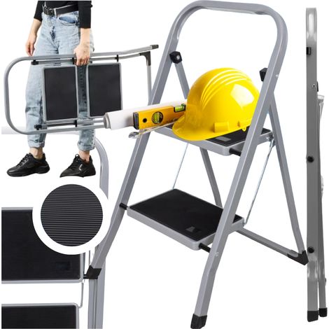 Escalera de 2 peldaños plegable de acero, color gris, para uso doméstico, 150 kg. (1/5)