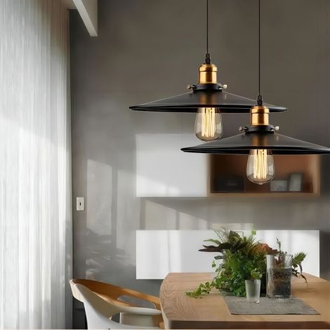 – Lustre suspension industrielle rétro 2PCS Ø360mm – Fer noir anti-corrosion – Douille E27 – Longueur câble 100cm réglable (1/5)