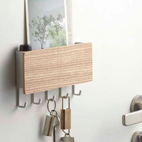 Porte-clés mural multifonction bois naturel avec porte-clés et porte-bagages sans perforation (1/5)