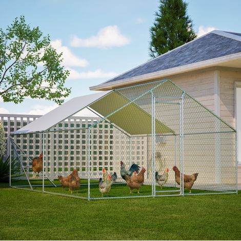 Gallinero Corral para gallinas (303x400x200 cm), con escalera integrada, techo impermeable, metal galvanizado gris (1/5)