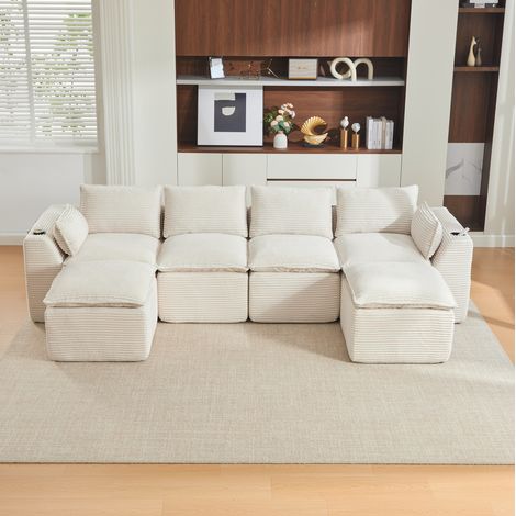 Sofá modular 322x161x75 cm beige en pana acanalada con 2 pufs, cojines, portavasos y bolsillos laterales (1/5)