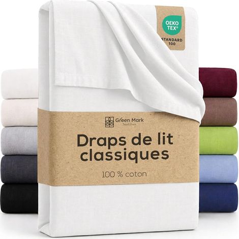 Green Mark Drap Plat 100% Coton - Drap Classique sans élastique, Doux pour la Peau, Facile d’Entretien, Lavable à Haute température - Blanc - 180x275 cm (1/5)