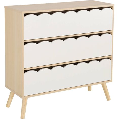 White wood-effect children's chest of drawers, 3 drawers, pinewood legs - 80 x 30 x 79 cm - Azur
