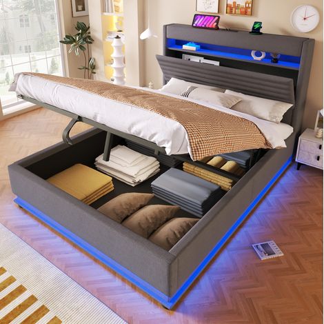 letto contenitore 140x200 USB LED lino grigio OKMYHOME (1/5)