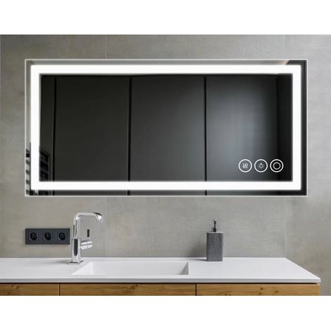 70x90cm Miroir Salle de Bain avec Eclairage LED,Miroir Mural Cosmétique Lumineux avec Interrupteur Tactile,Affichage d'Heure,Simulation de Scène(Version horizontale,version 1.3) GROOFOO (1/5)
