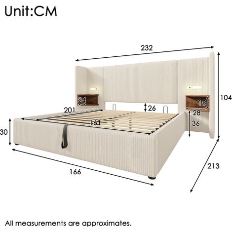 Lit double capitonné 160 x 200 mm avec table de chevet, lampe de lecture et port USB Type-C. Structure de lit avec espace de rangement, sommier à lattes en bois massif et métal, revêtement en velours  (1/4)