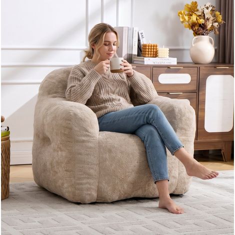 Sillón puff (49x45x33 cm), sin montaje, respaldo ergonómico, relleno de espuma triturada, pelo sintético beige (1/5)