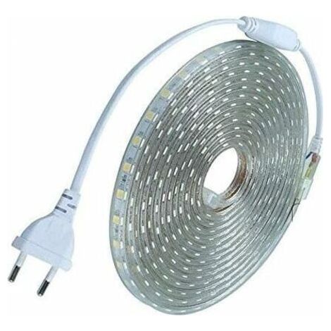 Ruban LED 10 mètres 220V – Étanche IP67 en silicone – Blanc froid 6200°K SMD5050 60led/m – 700 lumens/m – Installation facile Plug&Play (1/4)