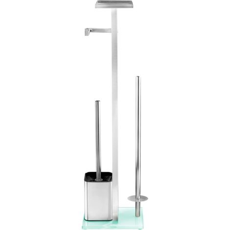 Serviteur WC 4en1 Debar Brosse WC, dérouleur, Tablette de Rangement et Stockage Rouleau Accessoire Toilette Acier INOX Anti Rouille et Verre trempé DIM 21x70,5x18 cm Gris (1/5)