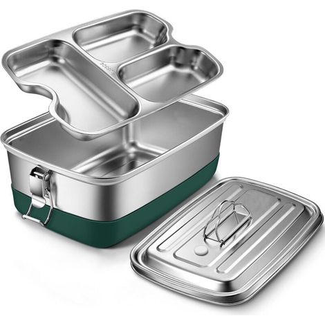 boîte à lunch de haute qualité en acier inoxydable - 2000 ml, étanche - boîte à lunch à 3 compartiments, boîte à lunch en métal - écologique et sans BPA, boîte bento, boîte à goûter - 22 x 15,5 x 9 cm (1/4)