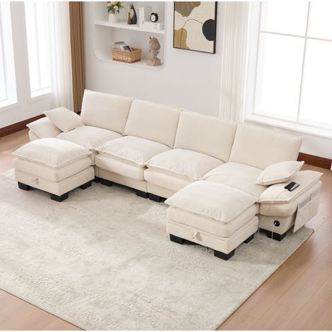 FloraGrace Canapé modulable 4 places avec 2 hockers, 330 x 132 x 84 cm, corduroy beige, USB-C et poches (1/5)