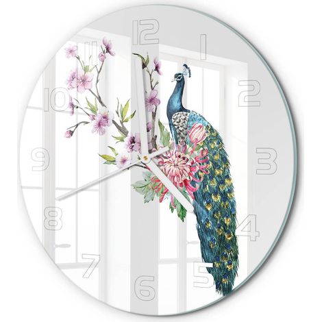 Horloge Murale Ronde Installation Facile Verre Silencieuse pour Salon Cuisine Paon et fleurs fi 30 cm (1/5)