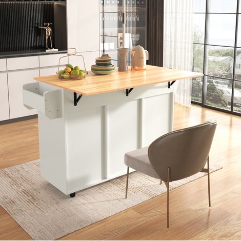 CHICFURN Carrello da cucina 139x46(71)x91,5 cm in MDF bianco, piano effetto legno, salvaspazio (1/5)