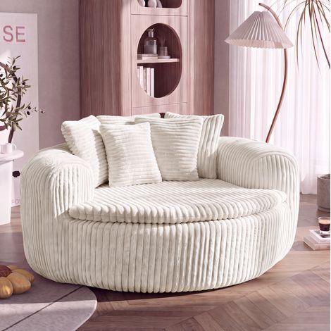 Fauteuil lounge en velours côtelé beige, siège profond rembourré, 5 coussins, 145 cm (1/5)