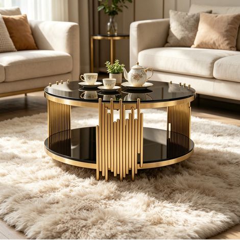 Couchtisch rund aus schwarzem gehärtetem Glas und Edelstahl in Gold, 2 Ebenen (1/5)