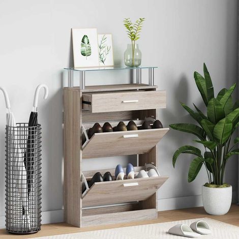 vidaXL Zapatero cajón y estante superior vidrio aspecto madera (1/5)