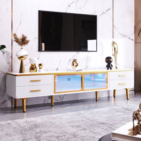 Meuble TV LED 170 cm, banc TV effet marbre avec 4 tiroirs et 2 portes en verre trempé, pour écran 60-69 pouces, blanc et doré (1/5)