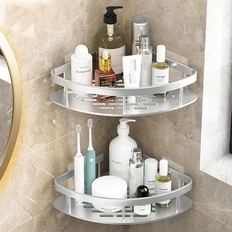 Étagère d'angle pour salle de douche, aluminium argenté, sans perçage, lot de 2, acier inoxydable, 28 x 5 cm (1/5)