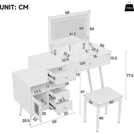 Ensemble coiffeuse/bureau/meuble coiffeuse classique avec tabouret, miroir pliant LED, plateau extensible, poignées en métal, éclairage LED 3 couleurs, dimensions : L 120 cm / H 77,5 cm / P 50 cm (1/4)