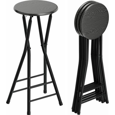 Set 4 Sgabelli Bar Pieghevoli con Doppio Poggiapiedi, in Legno e Acciaio, 34x30x70 cm, Nero